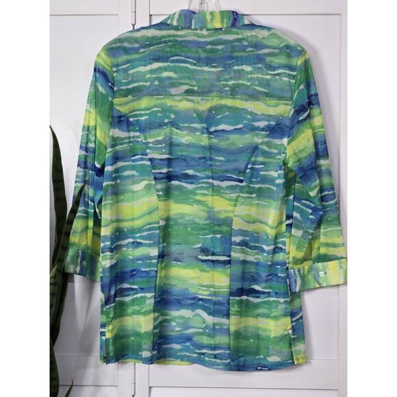 Chico's Womens Medium Micro Mesh 3Q Sleeve Button Front Multicolor Top Coastal - Picture 5 of 5